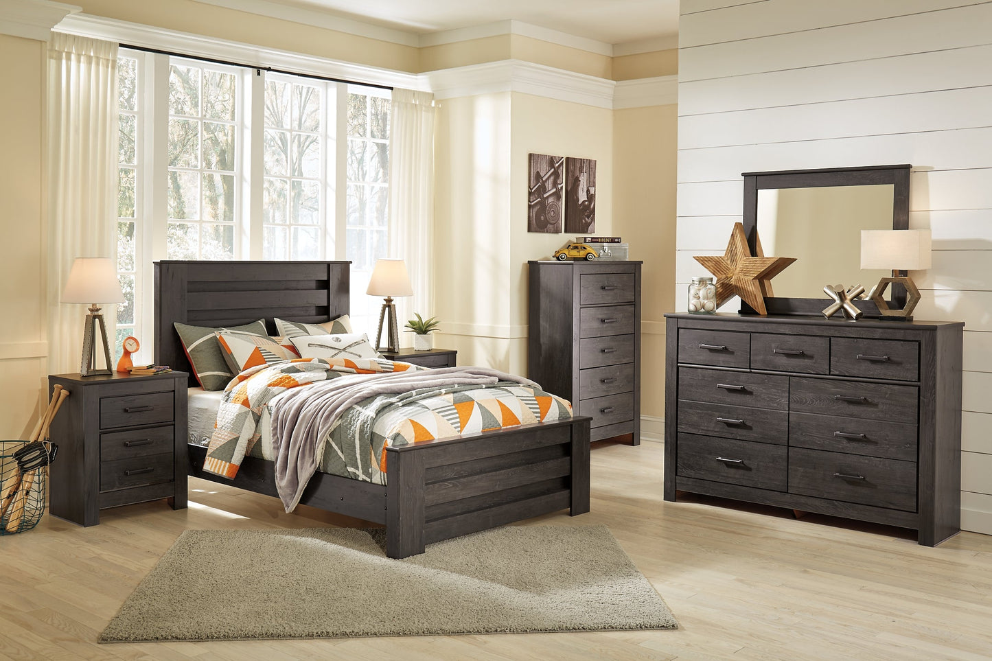 Brinxton Full Panel Bed with Mirrored Dresser, Chest and Nightstand Rent Wise Rent To Own Jacksonville, Florida