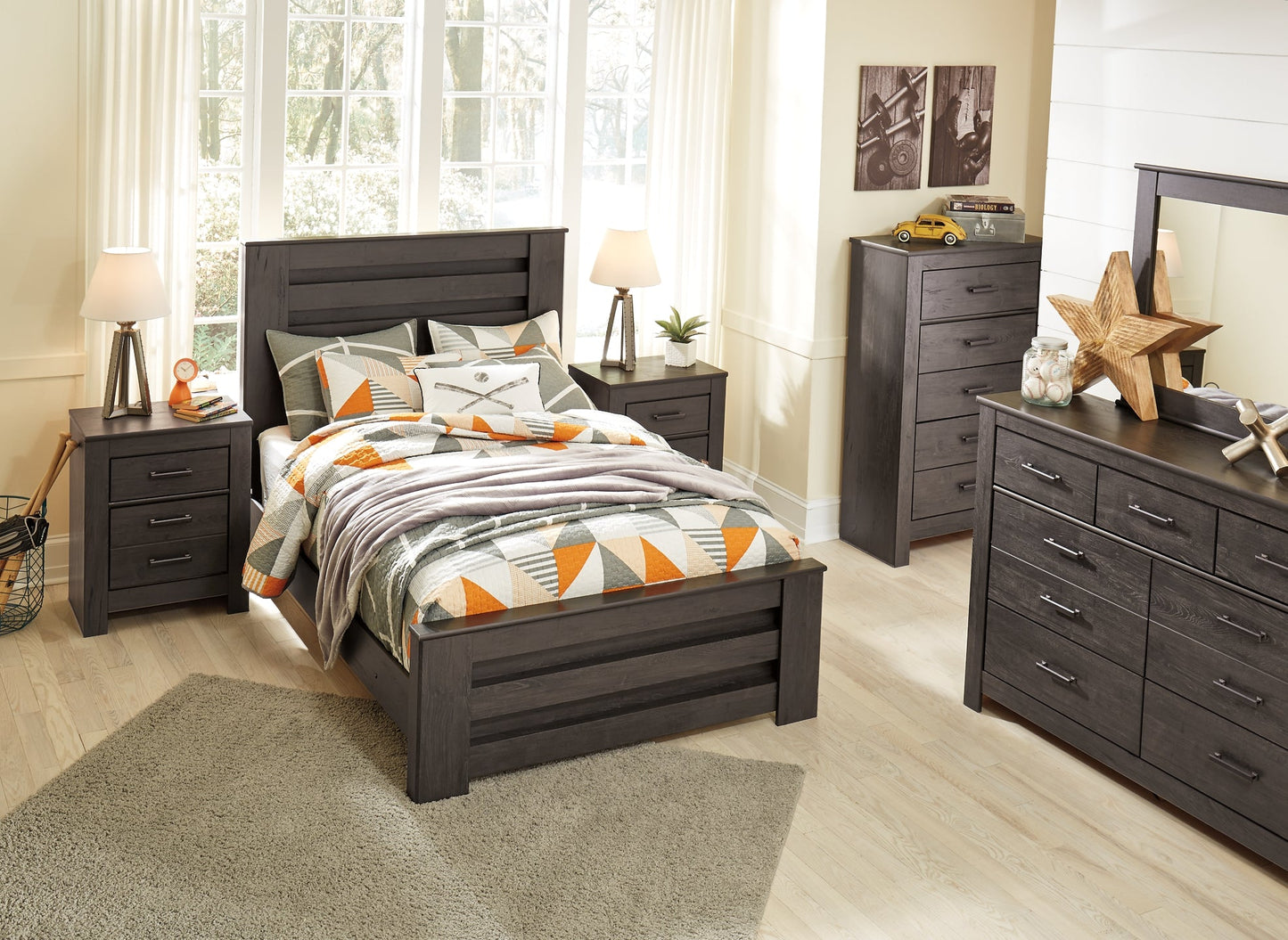 Brinxton Full Panel Bed with Mirrored Dresser and 2 Nightstands Rent Wise Rent To Own Jacksonville, Florida