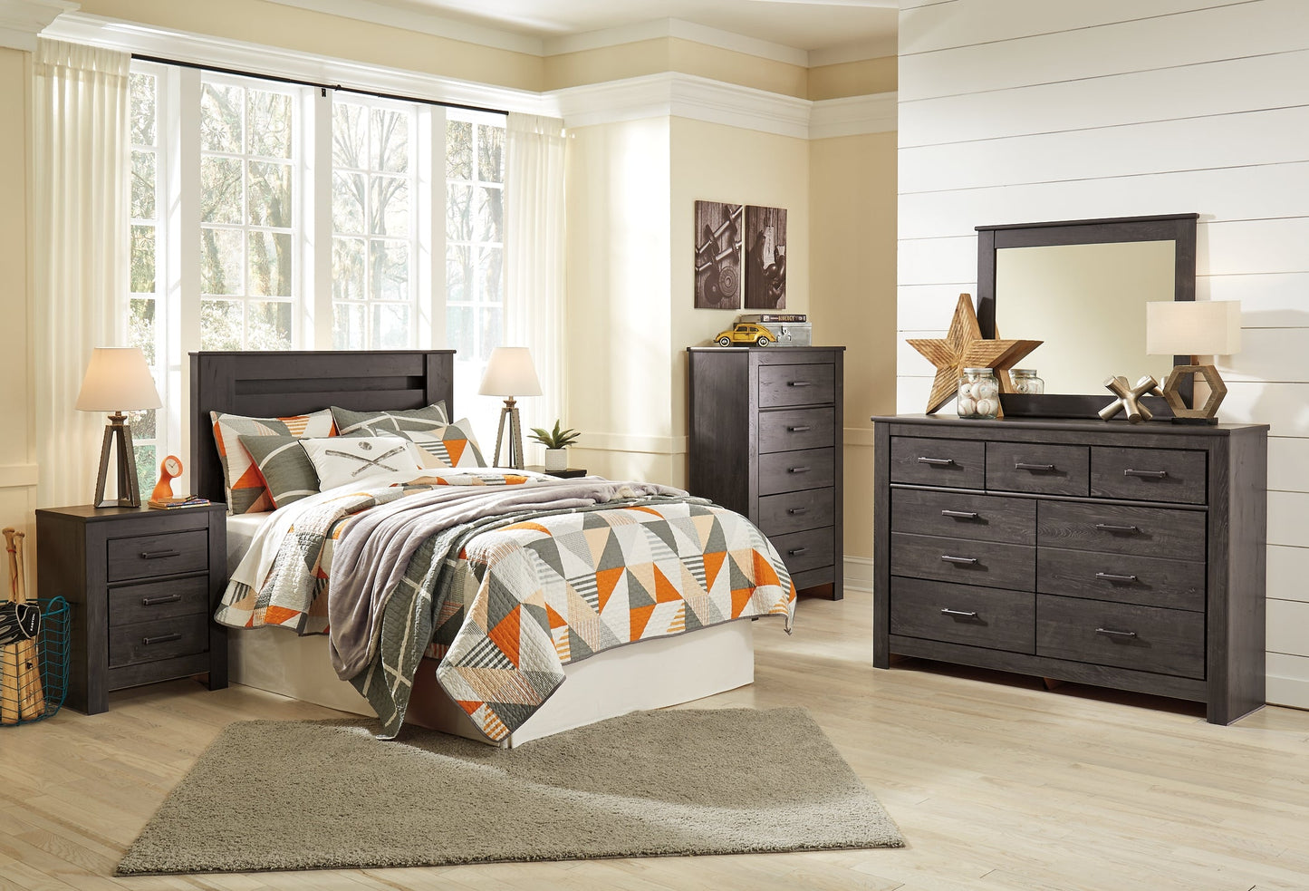 Brinxton Full Panel Headboard with Mirrored Dresser, Chest and Nightstand Rent Wise Rent To Own Jacksonville, Florida