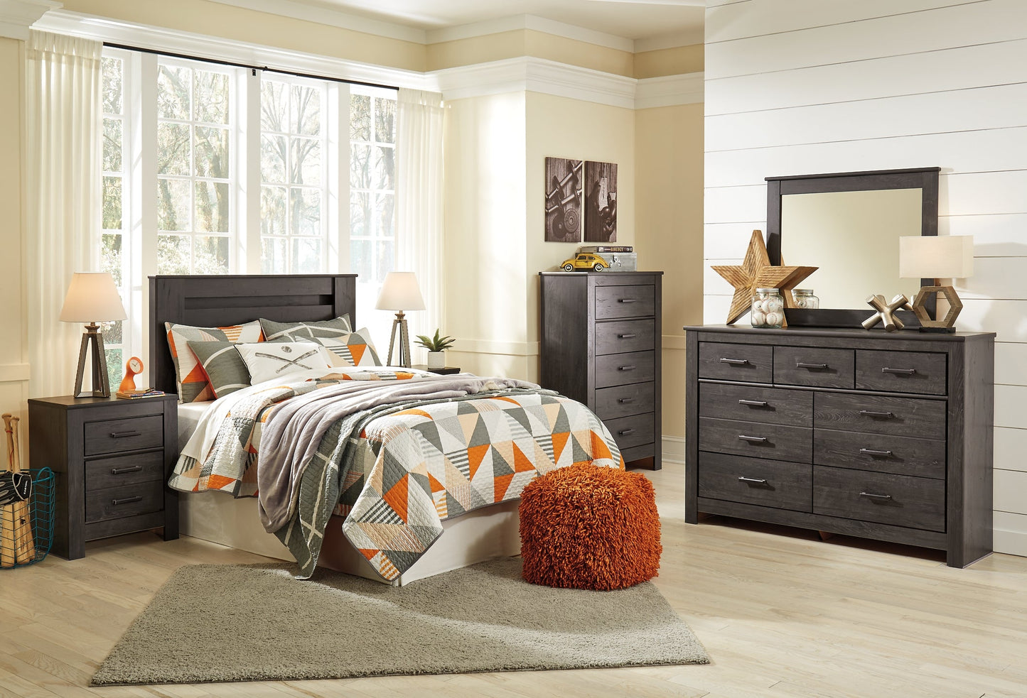 Brinxton Full Panel Headboard with Mirrored Dresser and Chest Rent Wise Rent To Own Jacksonville, Florida