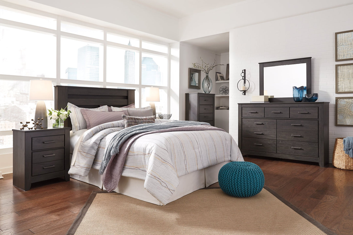 Brinxton King/California King Panel Headboard with Mirrored Dresser, Chest and Nightstand Rent Wise Rent To Own Jacksonville, Florida