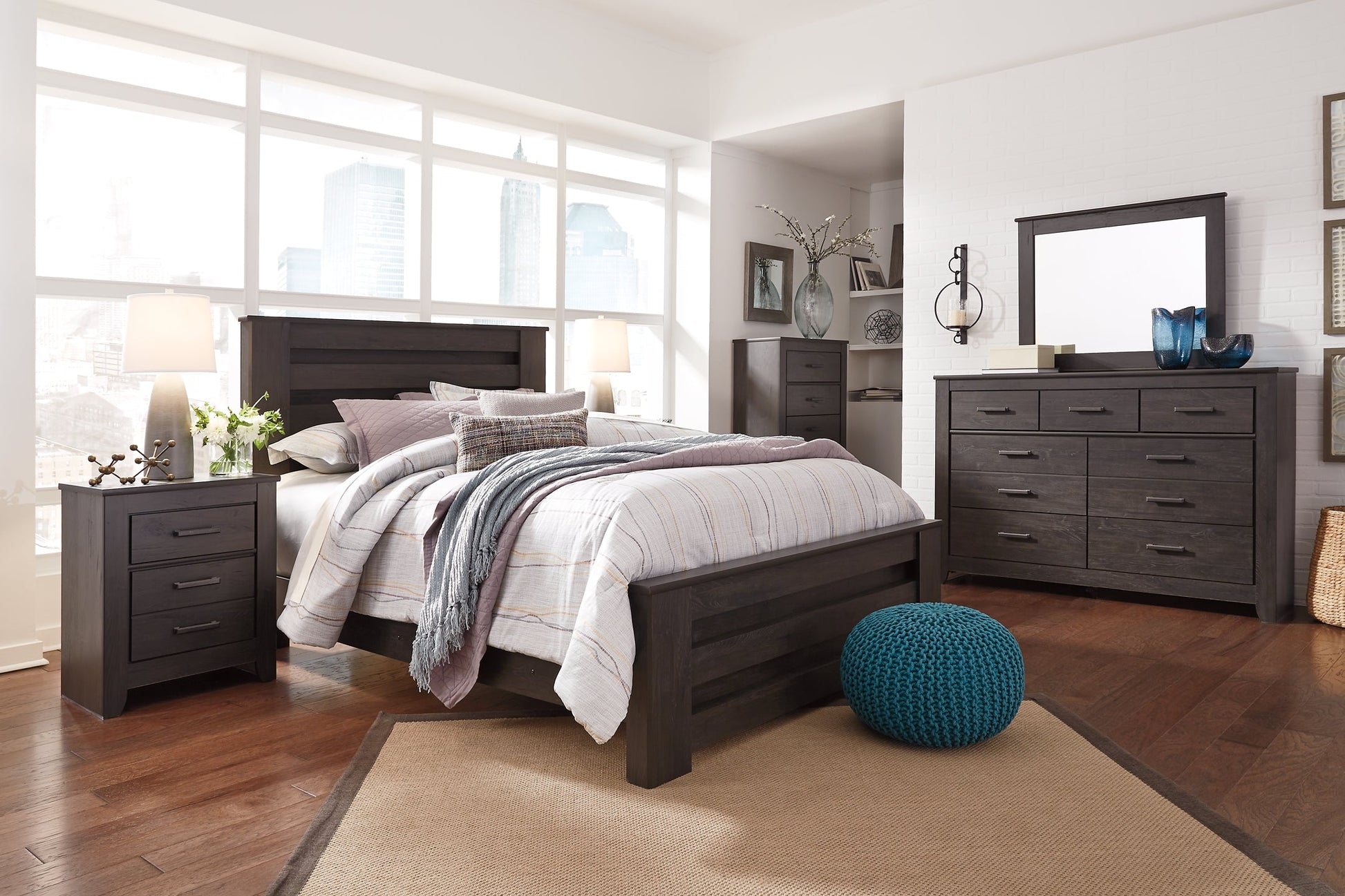 Brinxton Queen Panel Bed with Mirrored Dresser, Chest and Nightstand Rent Wise Rent To Own Jacksonville, Florida