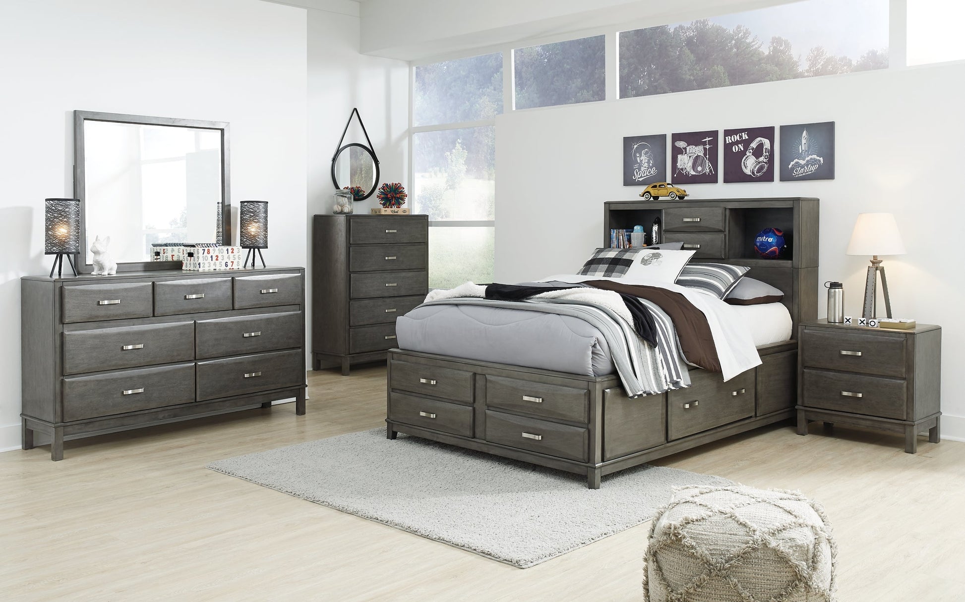Caitbrook Queen Storage Bed with 8 Storage Drawers with Mirrored Dresser, Chest and Nightstand Rent Wise Rent To Own Jacksonville, Florida