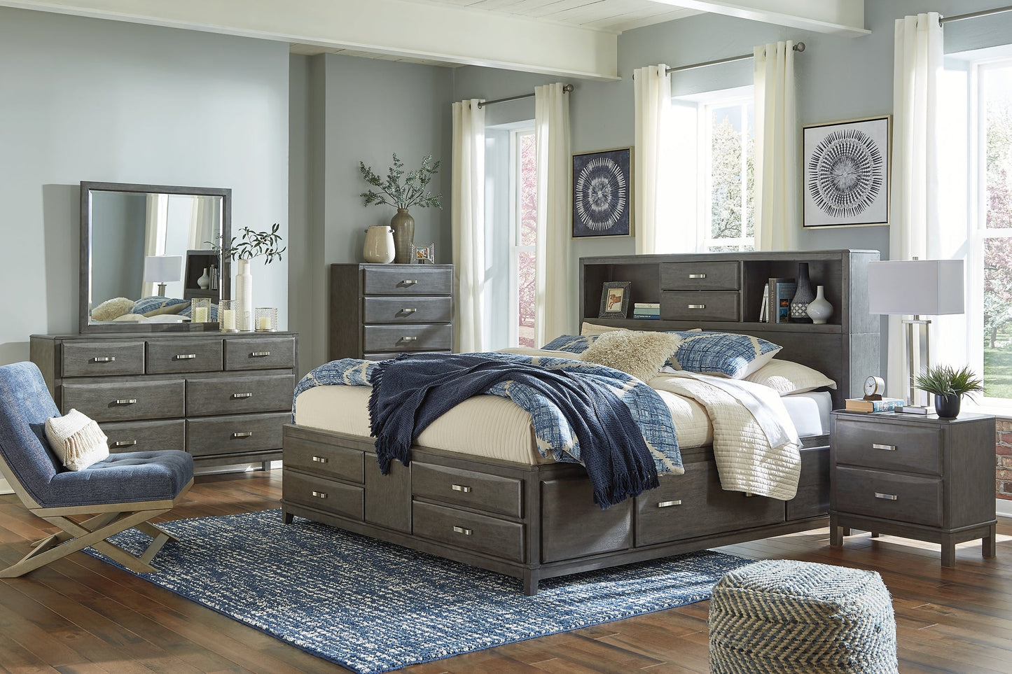 Caitbrook Queen Storage Bed with 8 Storage Drawers with Mirrored Dresser, Chest and Nightstand Rent Wise Rent To Own Jacksonville, Florida