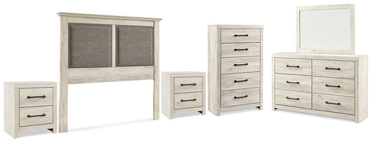Cambeck King/California King Upholstered Panel Headboard with Mirrored Dresser, Chest and 2 Nightstands Rent Wise Rent To Own Jacksonville, Florida
