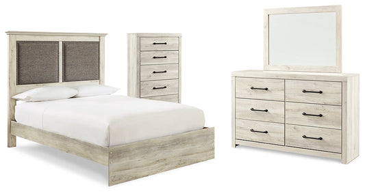 Cambeck King Upholstered Panel Bed with Mirrored Dresser and Chest Rent Wise Rent To Own Jacksonville, Florida