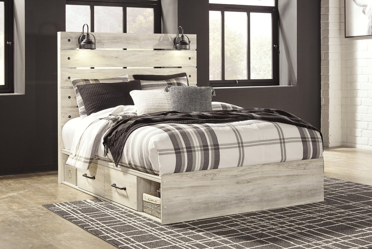 Cambeck Queen Panel Bed with 4 Storage Drawers with Mirrored Dresser, Chest and 2 Nightstands Rent Wise Rent To Own Jacksonville, Florida