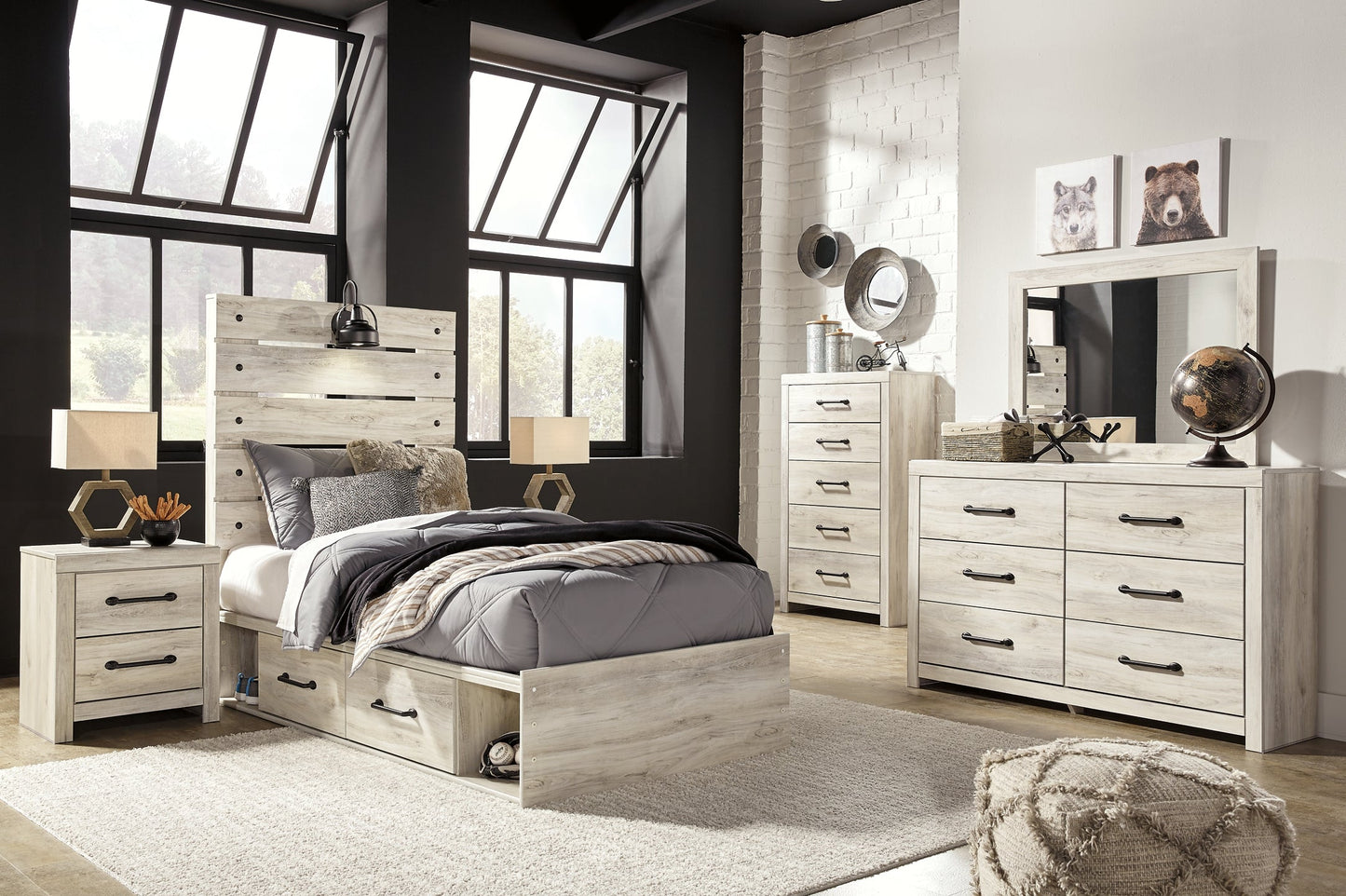 Cambeck Twin Panel Bed with 4 Storage Drawers with Mirrored Dresser, Chest and Nightstand Rent Wise Rent To Own Jacksonville, Florida
