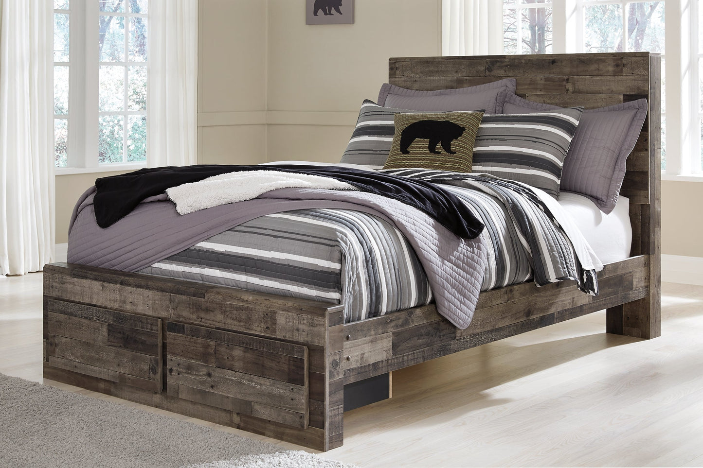 Derekson Full Panel Bed with 2 Storage Drawers with Mirrored Dresser and Chest Rent Wise Rent To Own Jacksonville, Florida