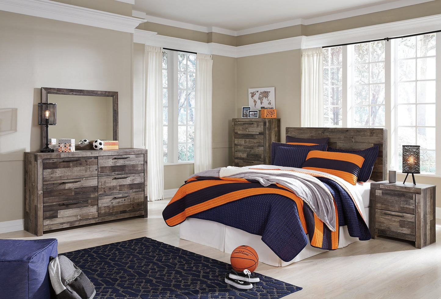 Derekson Full Panel Headboard with Mirrored Dresser, Chest and Nightstand Rent Wise Rent To Own Jacksonville, Florida