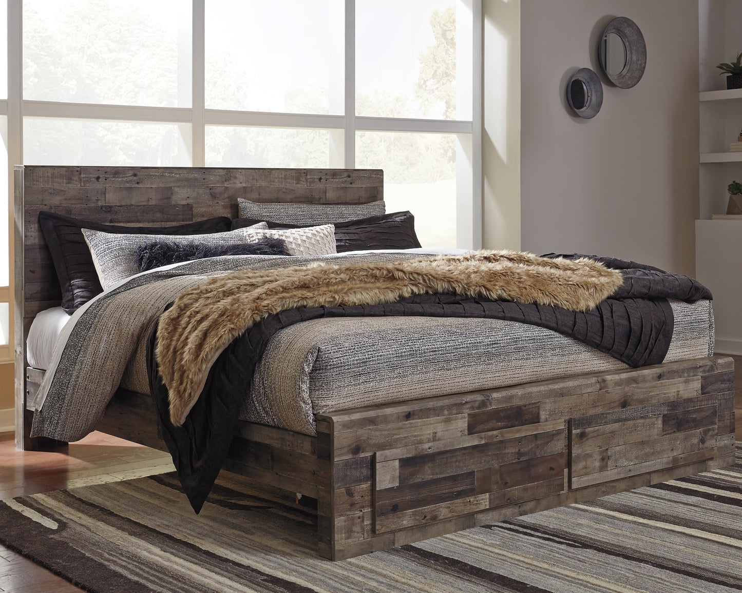 Derekson King Panel Bed with 2 Storage Drawers with Mirrored Dresser, Chest and 2 Nightstands Rent Wise Rent To Own Jacksonville, Florida
