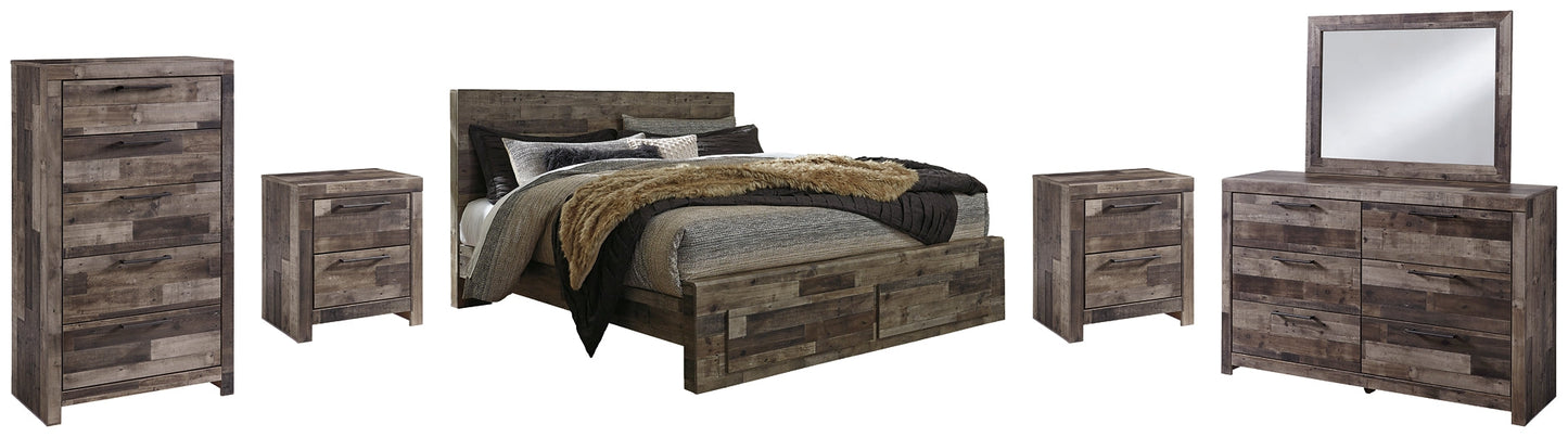 Derekson King Panel Bed with 2 Storage Drawers with Mirrored Dresser, Chest and 2 Nightstands Rent Wise Rent To Own Jacksonville, Florida