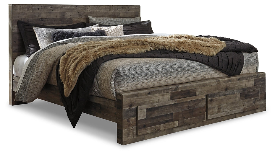 Derekson King Panel Bed with 2 Storage Drawers with Mirrored Dresser, Chest and 2 Nightstands Rent Wise Rent To Own Jacksonville, Florida