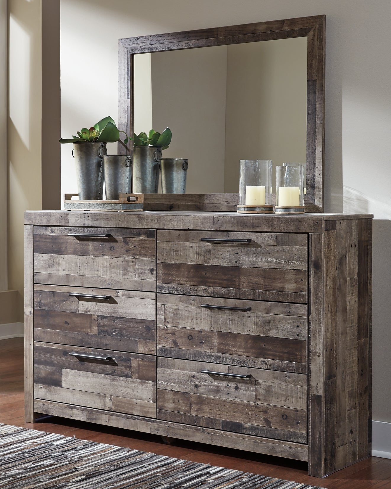 Derekson King Panel Headboard with Mirrored Dresser and Chest Rent Wise Rent To Own Jacksonville, Florida