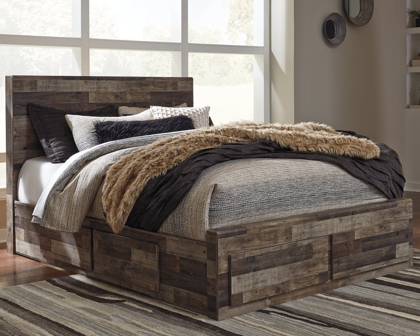 Derekson Queen Panel Bed with 4 Storage Drawers with Mirrored Dresser, Chest and Nightstand Rent Wise Rent To Own Jacksonville, Florida