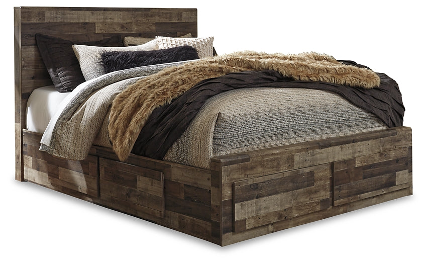 Derekson Queen Panel Bed with 4 Storage Drawers with Mirrored Dresser, Chest and Nightstand Rent Wise Rent To Own Jacksonville, Florida