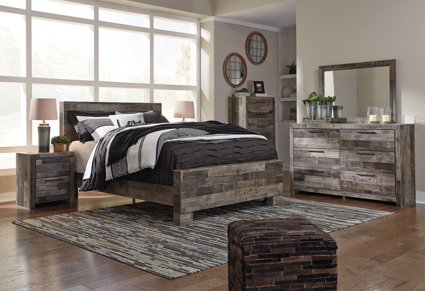 Derekson Queen Panel Bed with Mirrored Dresser, Chest and Nightstand Rent Wise Rent To Own Jacksonville, Florida