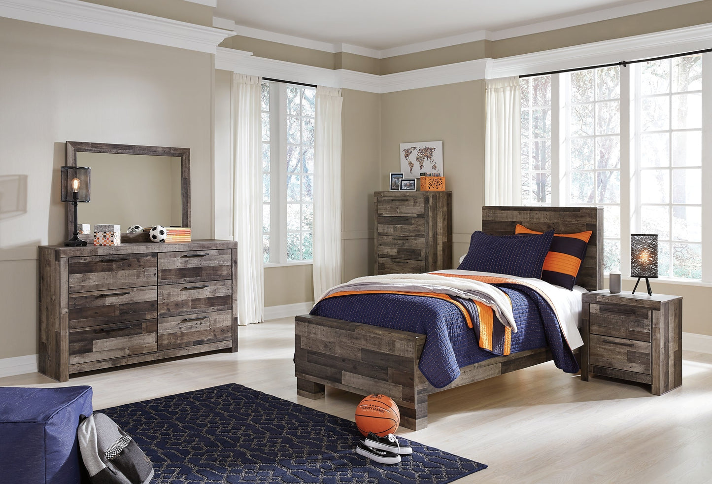 Derekson Twin Panel Bed with Mirrored Dresser, Chest and Nightstand Rent Wise Rent To Own Jacksonville, Florida