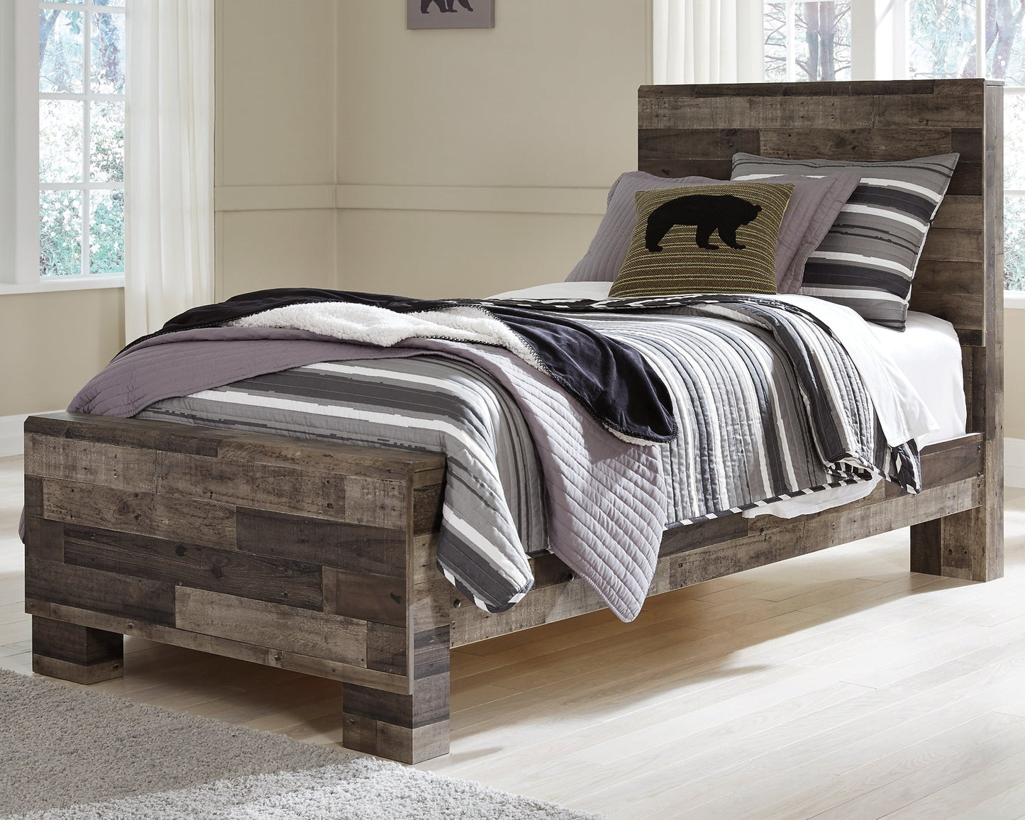 Derekson Twin Panel Bed with Mirrored Dresser and 2 Nightstands Rent Wise Rent To Own Jacksonville, Florida