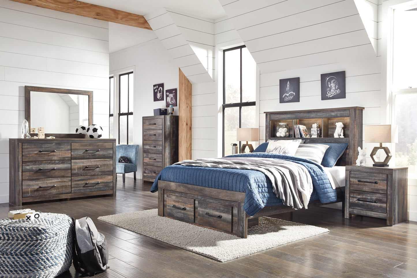 Drystan Full Bookcase Bed with 2 Storage Drawers with Mirrored Dresser, Chest and 2 Nightstands Rent Wise Rent To Own Jacksonville, Florida