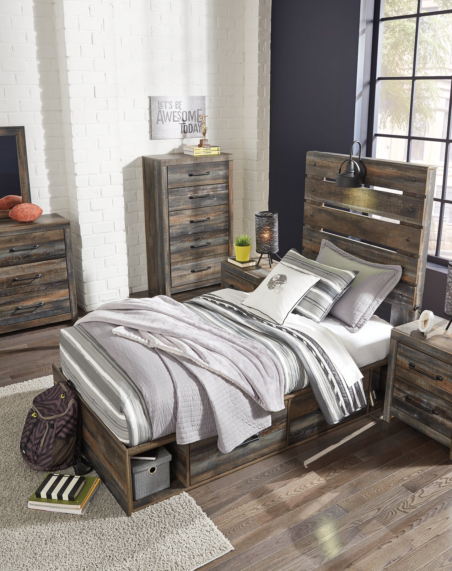 Drystan Full Panel Bed with 4 Storage Drawers with Mirrored Dresser, Chest and Nightstand Rent Wise Rent To Own Jacksonville, Florida