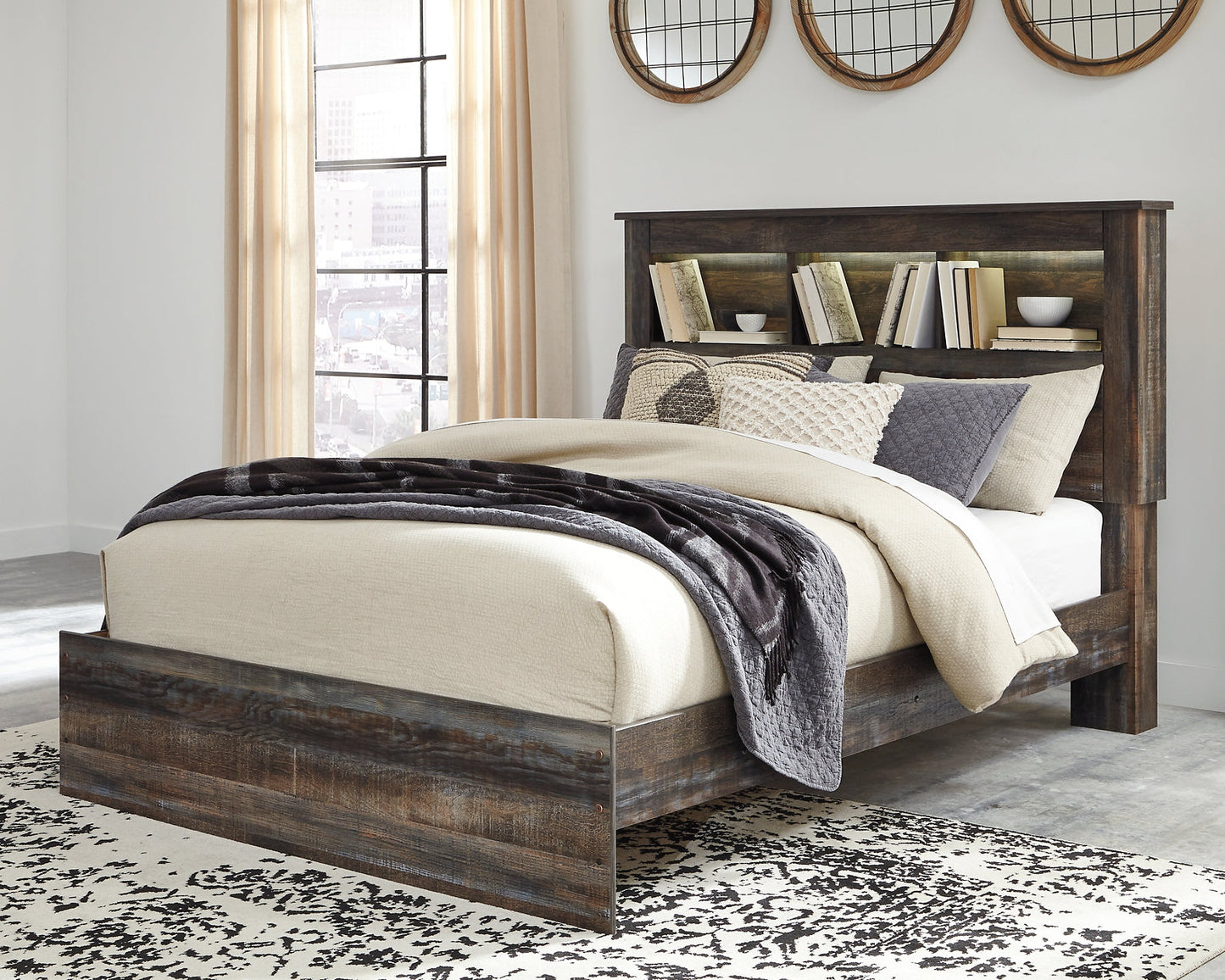 Drystan Queen Bookcase Bed with Mirrored Dresser, Chest and Nightstand Rent Wise Rent To Own Jacksonville, Florida