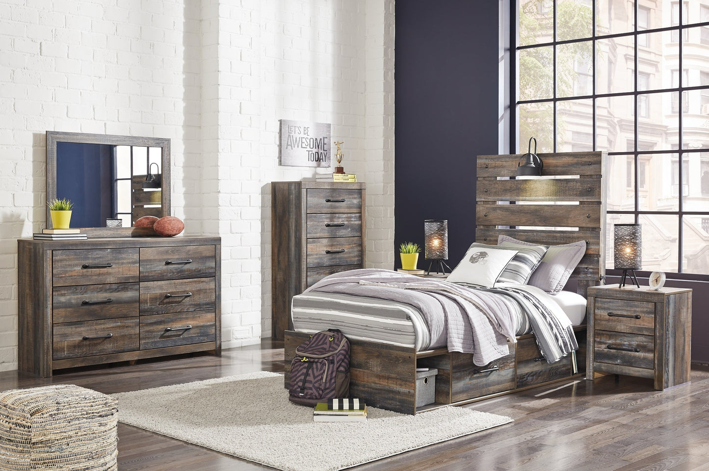 Drystan Twin Panel Bed with 4 Storage Drawers with Mirrored Dresser, Chest and 2 Nightstands Rent Wise Rent To Own Jacksonville, Florida