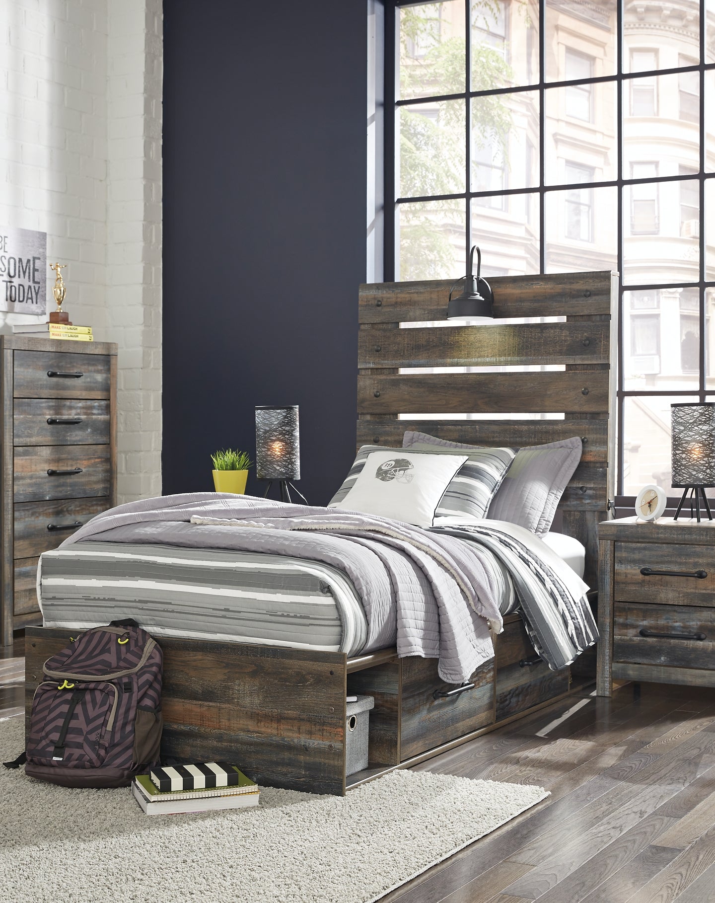 Drystan Twin Panel Bed with 4 Storage Drawers with Mirrored Dresser Rent Wise Rent To Own Jacksonville, Florida