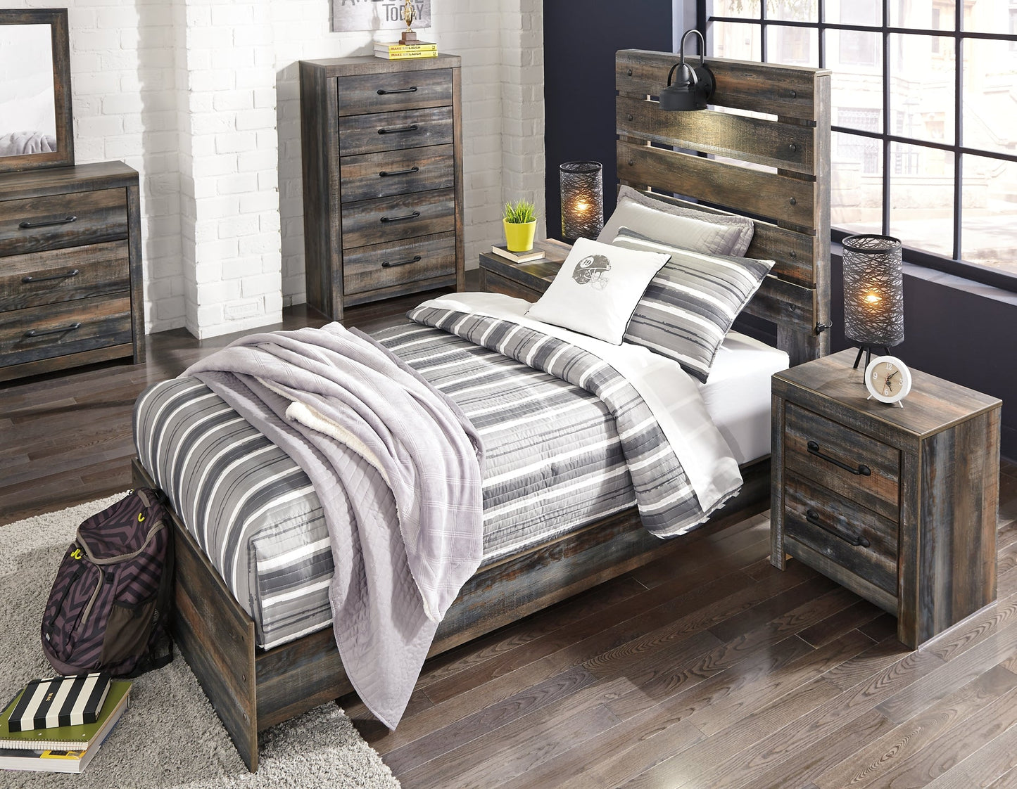 Drystan Twin Panel Bed with Mirrored Dresser and 2 Nightstands Rent Wise Rent To Own Jacksonville, Florida