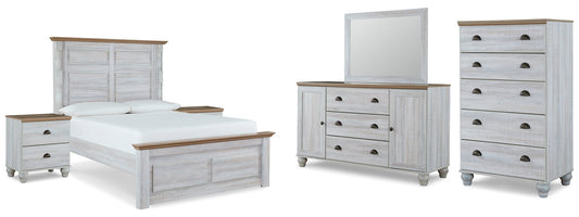 Haven Bay Queen Panel Bed with Mirrored Dresser, Chest and 2 Nightstands Rent Wise Rent To Own Jacksonville, Florida