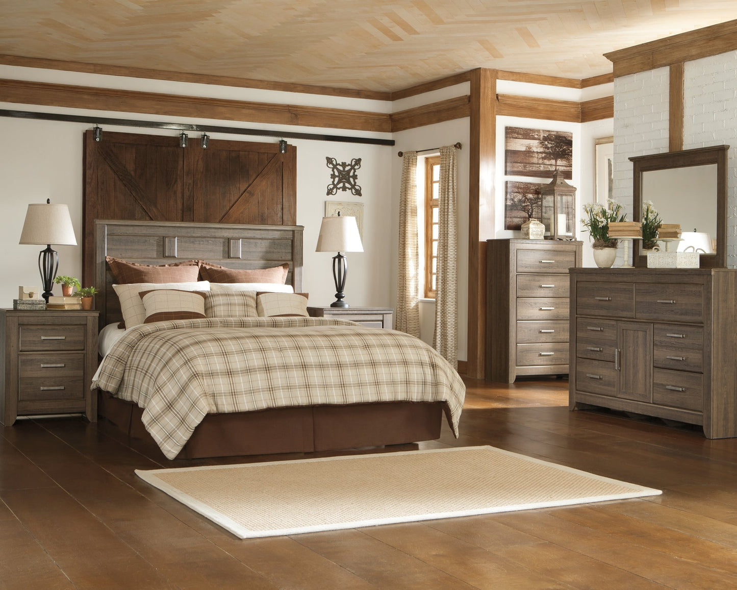 Juararo Queen Panel Headboard with Mirrored Dresser and Chest Rent Wise Rent To Own Jacksonville, Florida