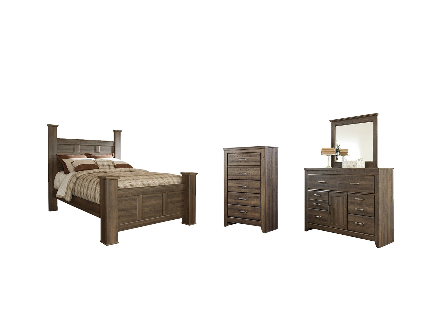 Juararo Queen Poster Bed with Mirrored Dresser and Chest Rent Wise Rent To Own Jacksonville, Florida
