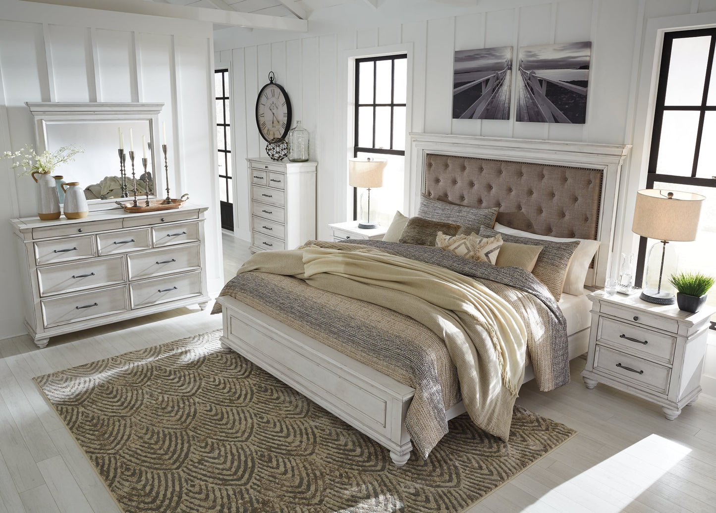 Kanwyn Queen Panel Bed with Mirrored Dresser, Chest and 2 Nightstands Rent Wise Rent To Own Jacksonville, Florida