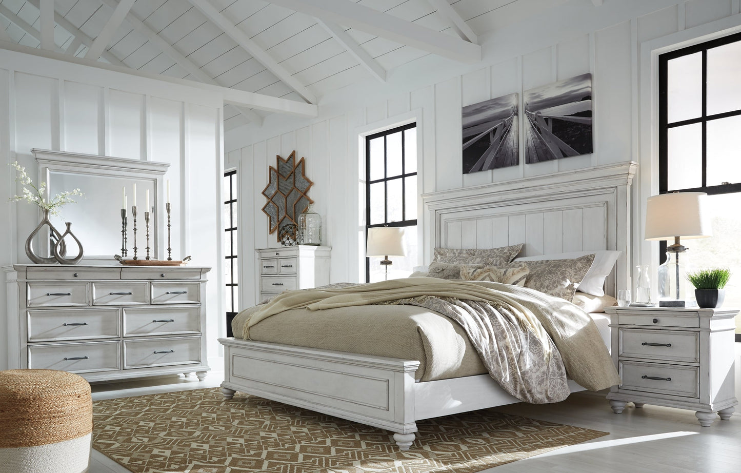 Kanwyn Queen Panel Bed with Mirrored Dresser, Chest and 2 Nightstands Rent Wise Rent To Own Jacksonville, Florida