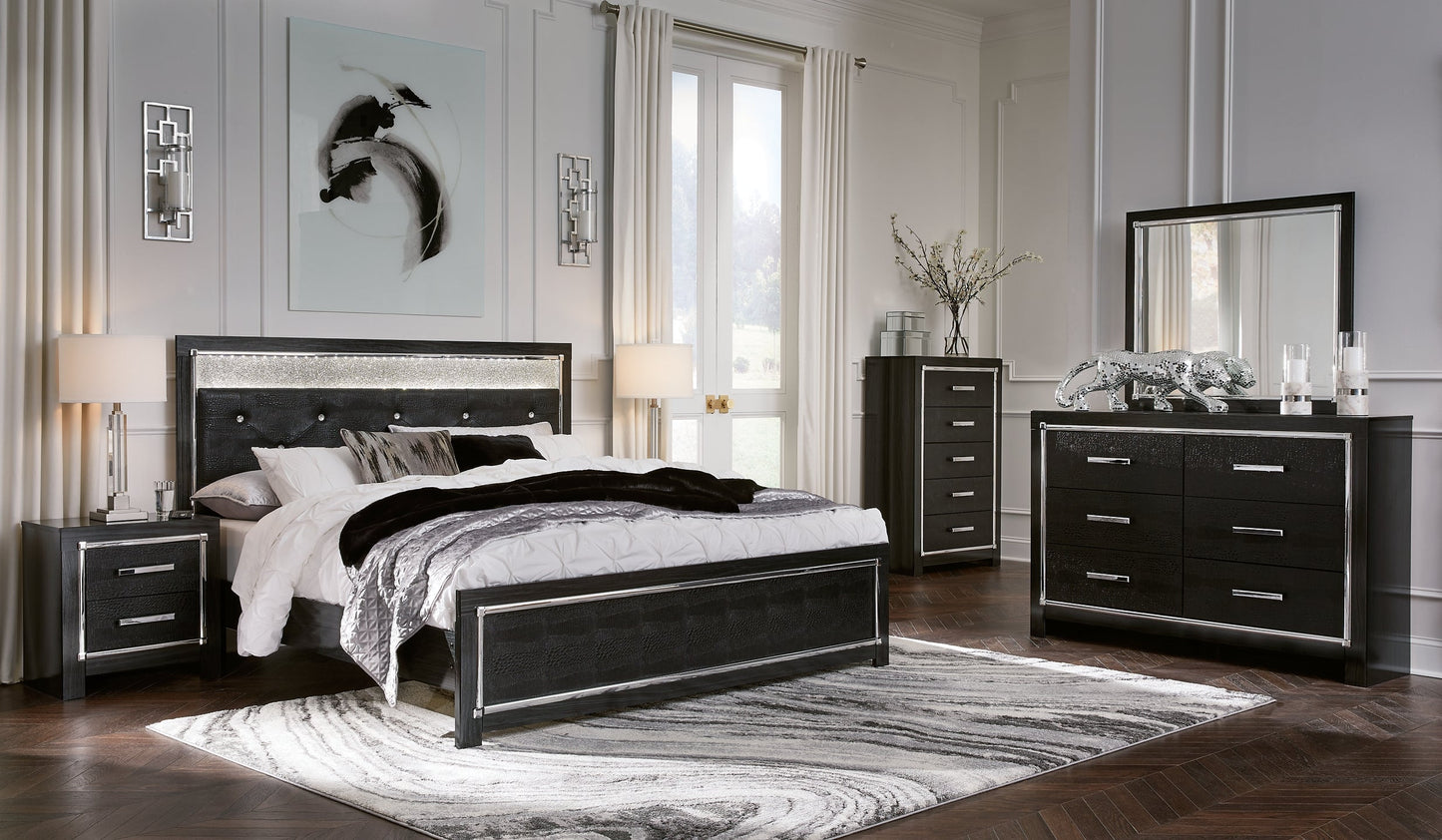 Kaydell King Upholstered Panel Bed with Mirrored Dresser, Chest and 2 Nightstands Rent Wise Rent To Own Jacksonville, Florida