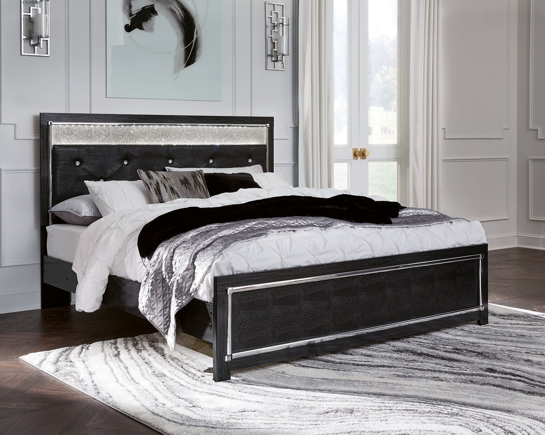 Kaydell King Upholstered Panel Bed with Mirrored Dresser and 2 Nightstands Rent Wise Rent To Own Jacksonville, Florida