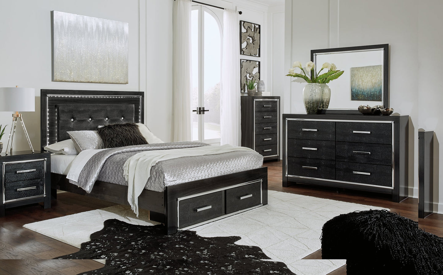 Kaydell Queen Panel Bed with Storage with Mirrored Dresser, Chest and Nightstand Rent Wise Rent To Own Jacksonville, Florida