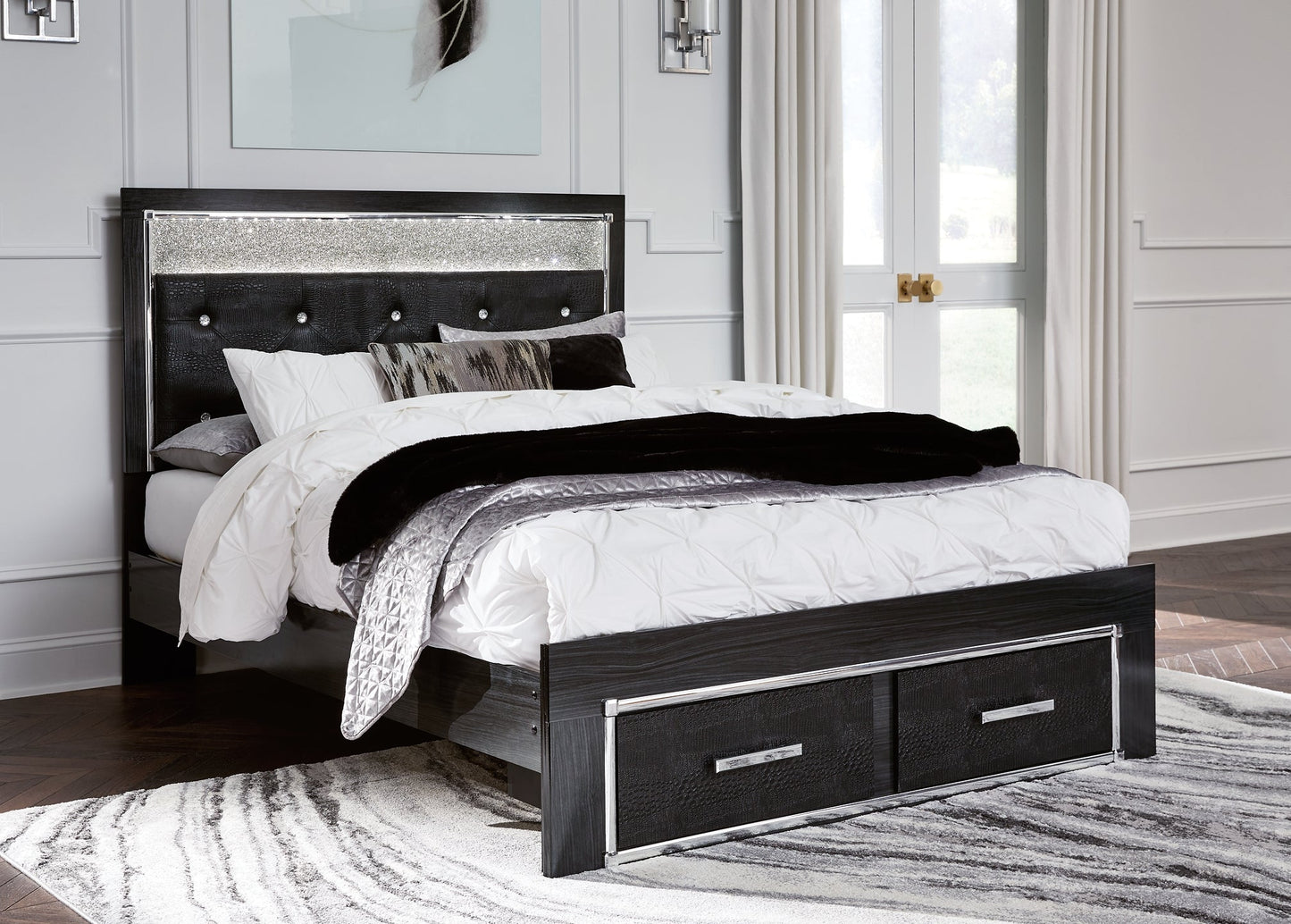 Kaydell Queen Upholstered Panel Storage Bed with Mirrored Dresser, Chest and Nightstand Rent Wise Rent To Own Jacksonville, Florida
