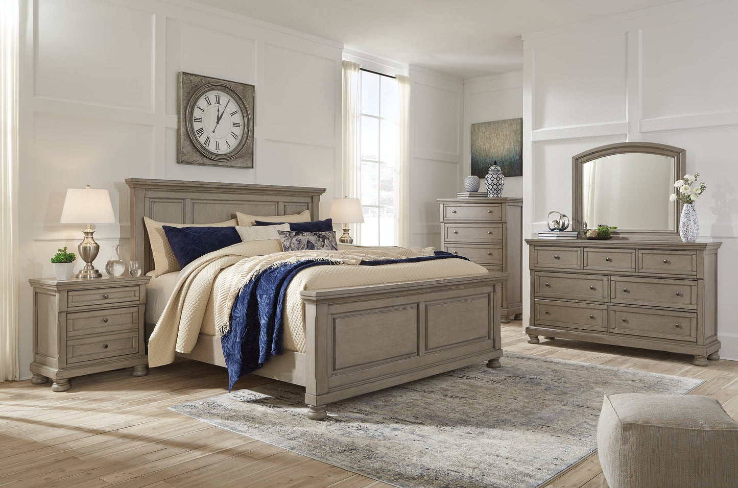 Lettner California King Panel Bed with Mirrored Dresser and Chest Rent Wise Rent To Own Jacksonville, Florida