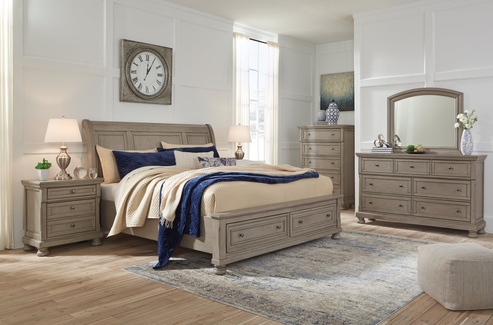 Lettner Queen Sleigh Bed with 2 Storage Drawers with Mirrored Dresser, Chest and Nightstand Rent Wise Rent To Own Jacksonville, Florida