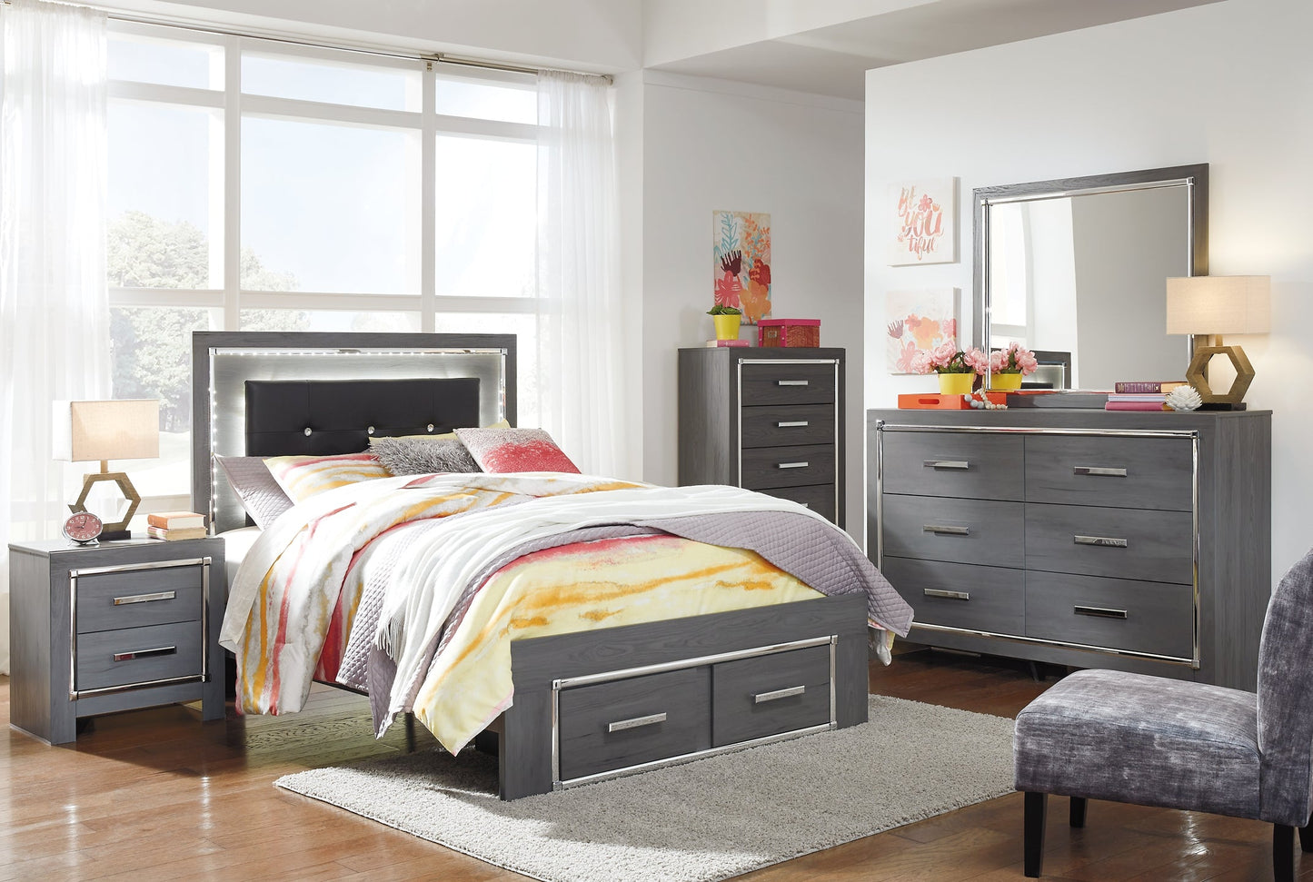 Lodanna Full Panel Bed with 2 Storage Drawers with Mirrored Dresser, Chest and 2 Nightstands Rent Wise Rent To Own Jacksonville, Florida