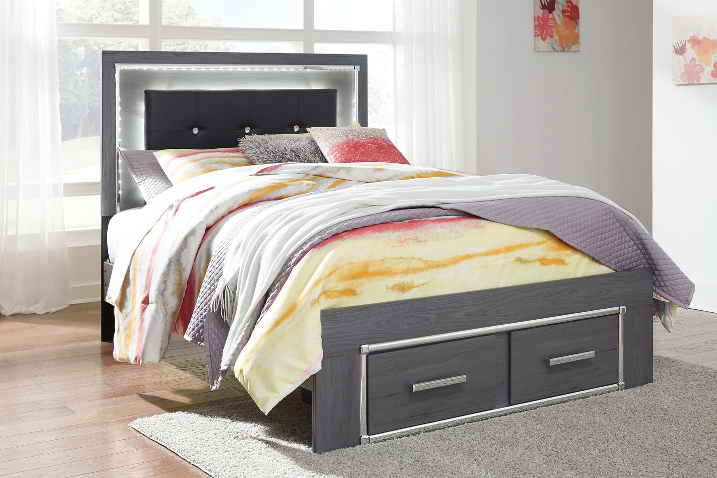 Lodanna Full Panel Bed with 2 Storage Drawers with Mirrored Dresser and 2 Nightstands Rent Wise Rent To Own Jacksonville, Florida