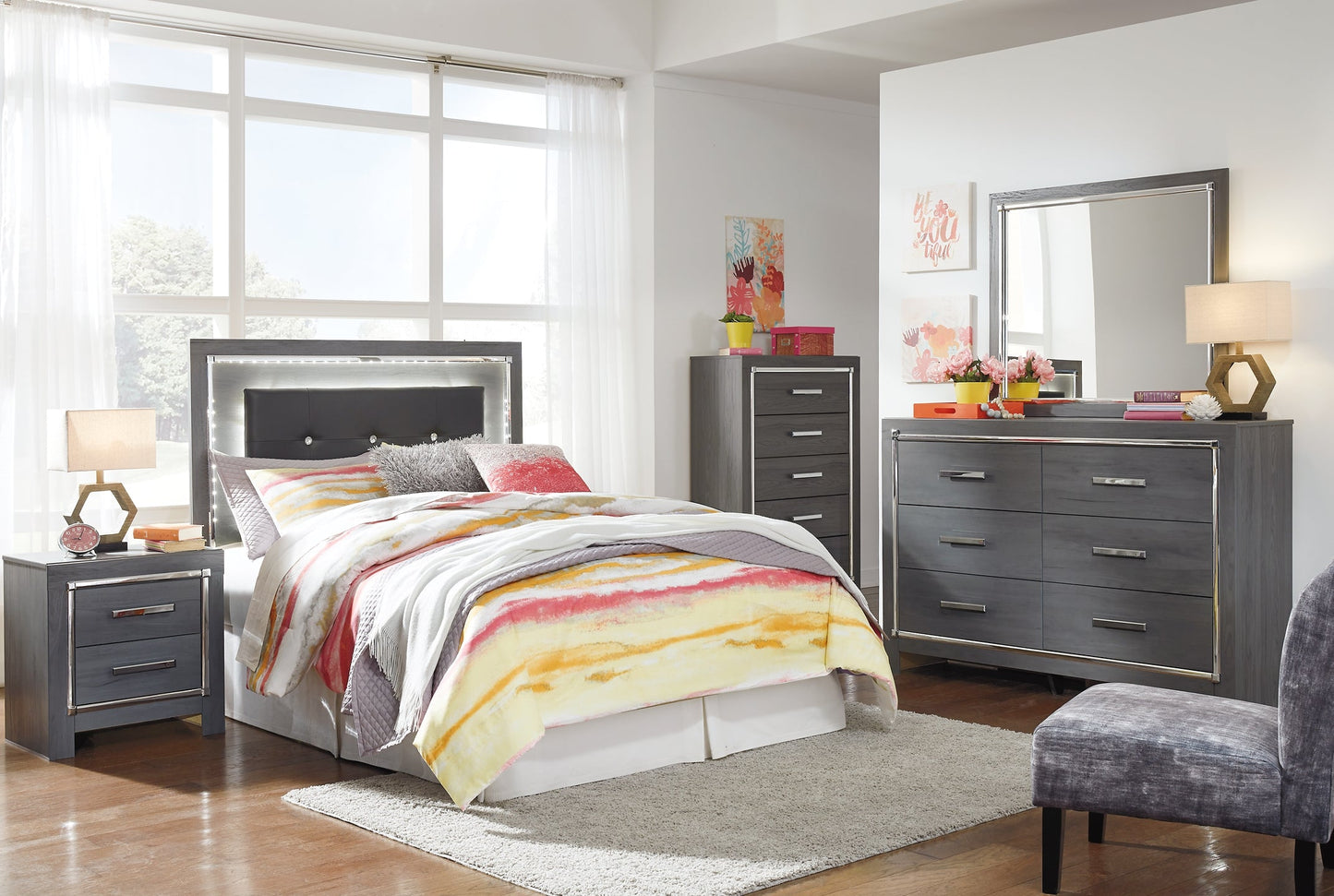 Lodanna Full Upholstered Panel Headboard with Mirrored Dresser and 2 Nightstands Rent Wise Rent To Own Jacksonville, Florida
