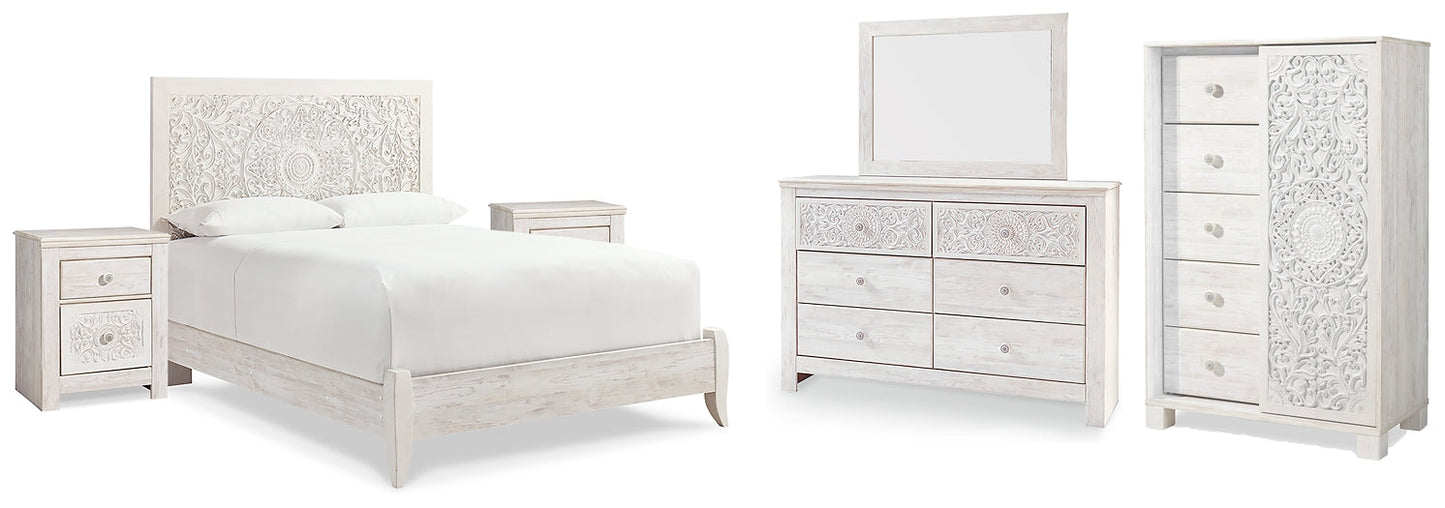 Paxberry Queen Panel Bed with Mirrored Dresser, Chest and 2 Nightstands Rent Wise Rent To Own Jacksonville, Florida