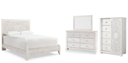 Paxberry Queen Panel Bed with Mirrored Dresser and Chest Rent Wise Rent To Own Jacksonville, Florida