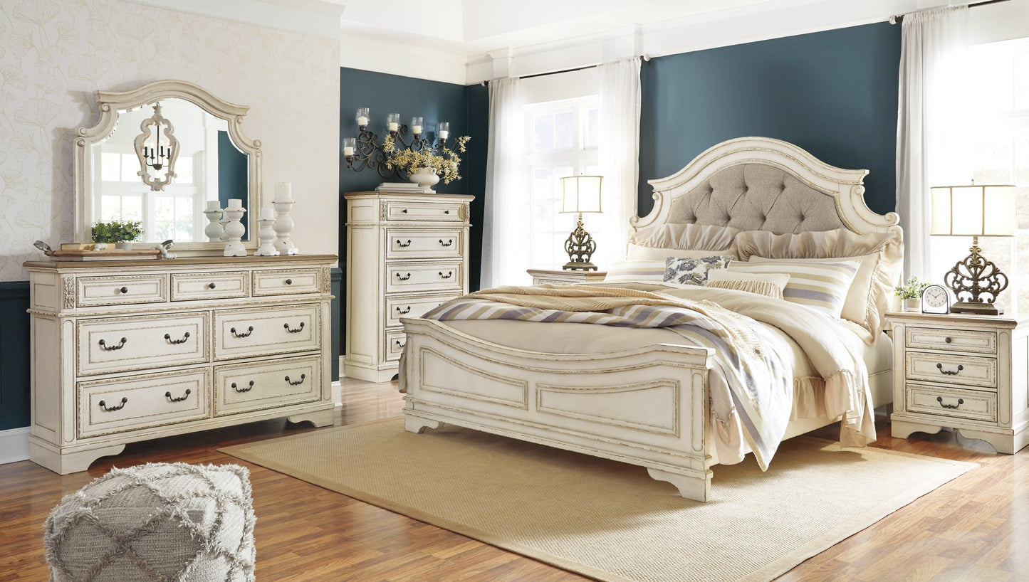 Realyn Queen Upholstered Panel Bed with Mirrored Dresser, Chest and Nightstand Rent Wise Rent To Own Jacksonville, Florida