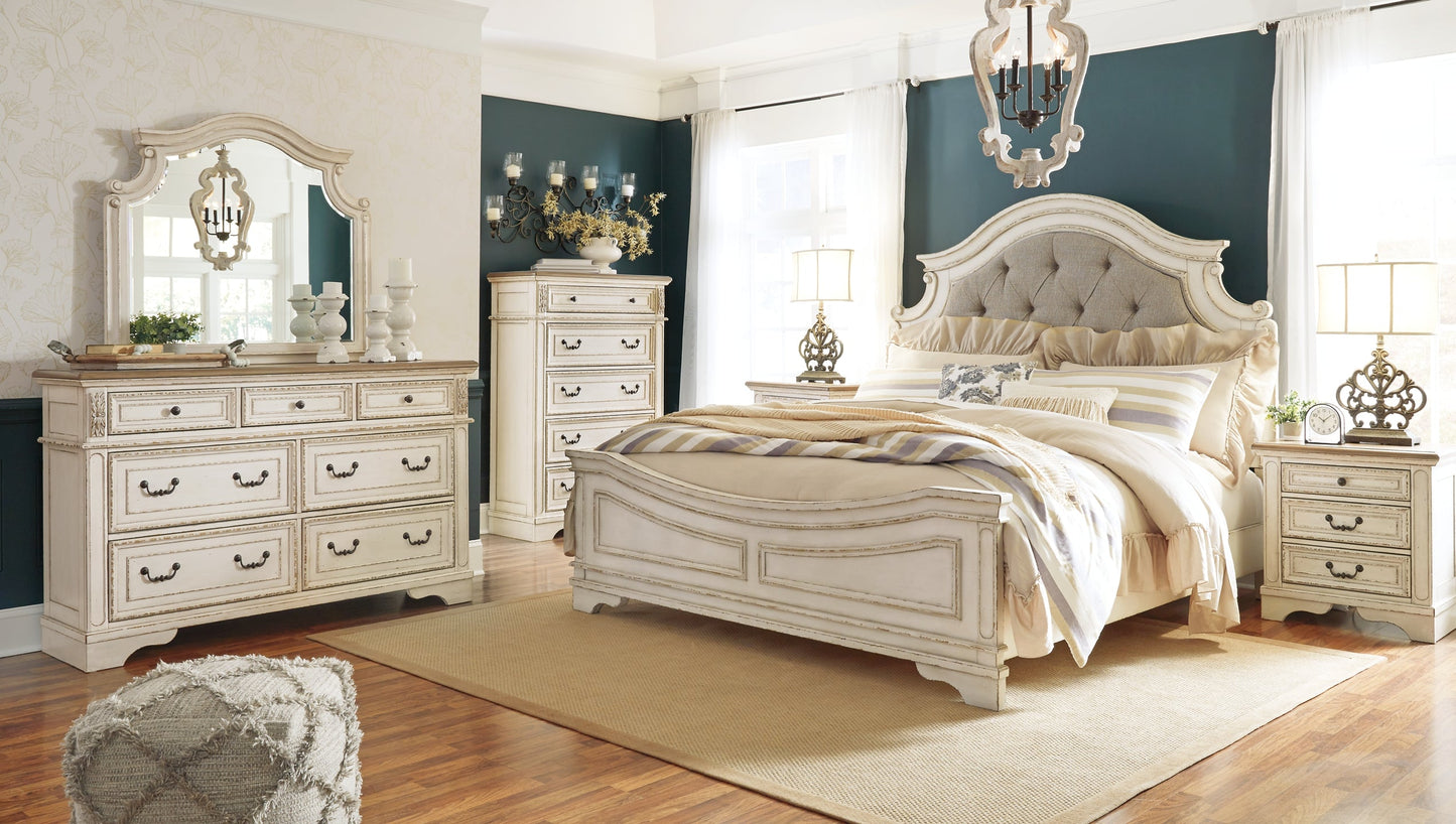 Realyn Queen Upholstered Panel Bed with Mirrored Dresser, Chest and Nightstand Rent Wise Rent To Own Jacksonville, Florida