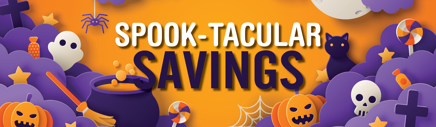 A Halloween-themed promotional banner with the text 'SPOOK-TACULAR SAVINGS' in large white and dark blue letters over an orange background, surrounded by illustrated purple clouds, pumpkins, a cauldron, spiderwebs, a ghost, a moon, and candy corn.