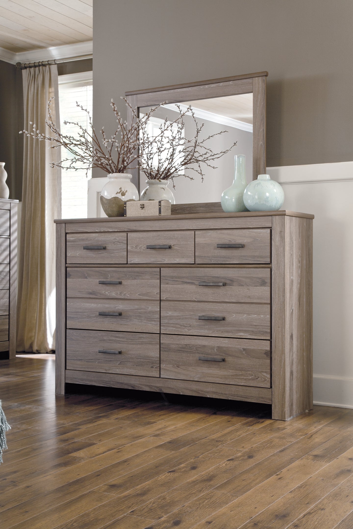 Zelen Full Panel Headboard with Mirrored Dresser, Chest and 2 Nightstands Rent Wise Rent To Own Jacksonville, Florida