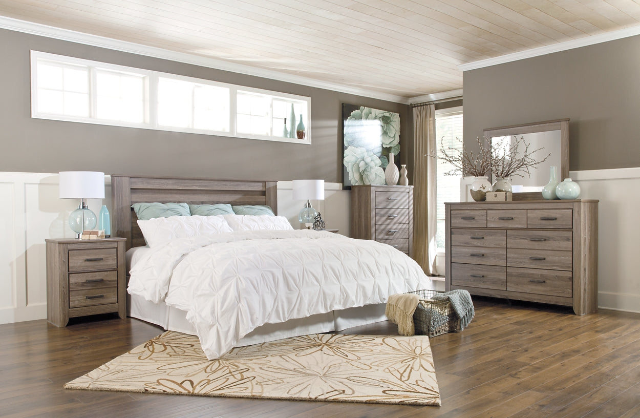 Zelen King/California King Panel Headboard with Mirrored Dresser, Chest and 2 Nightstands Rent Wise Rent To Own Jacksonville, Florida